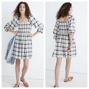 Madewell Black and White Smocked Sundress with Bishop Sleeves